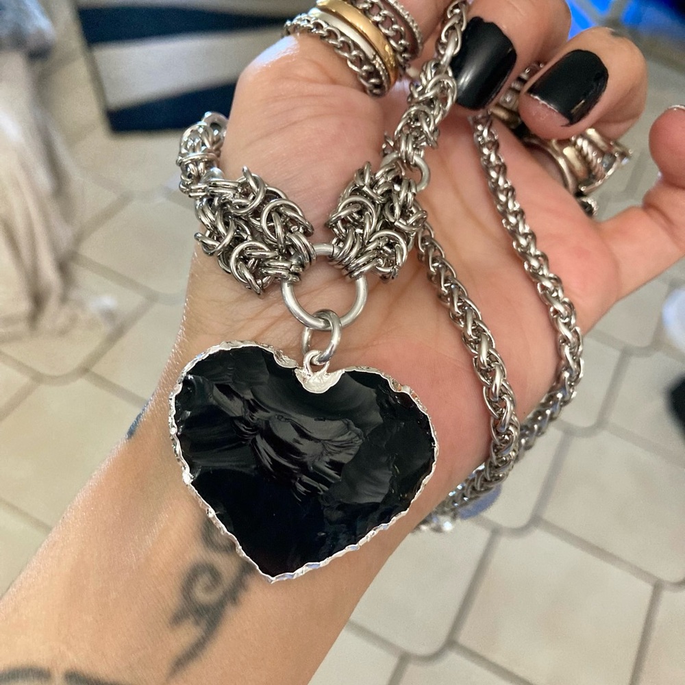 Handmade Genuine black obsidian heart charm maille silver boho choker necklace - Picture 8 of 11